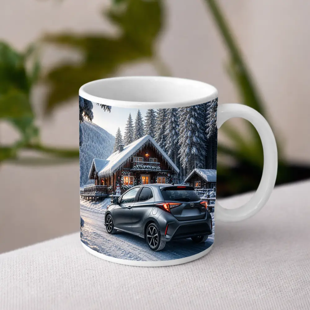 Toyota Yaris Gray Hatchback Snowy Forest Cabin – Mugs