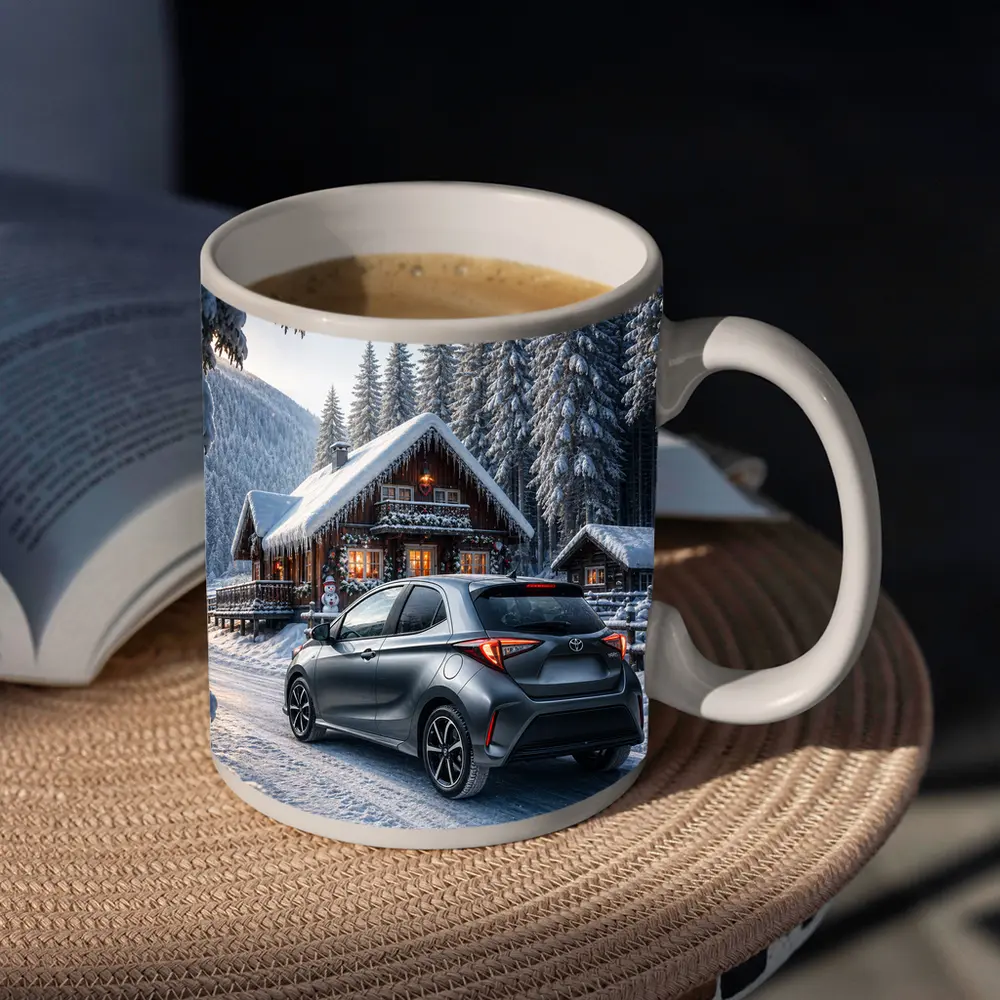 Toyota Yaris Gray Hatchback Snowy Forest Cabin – Mugs