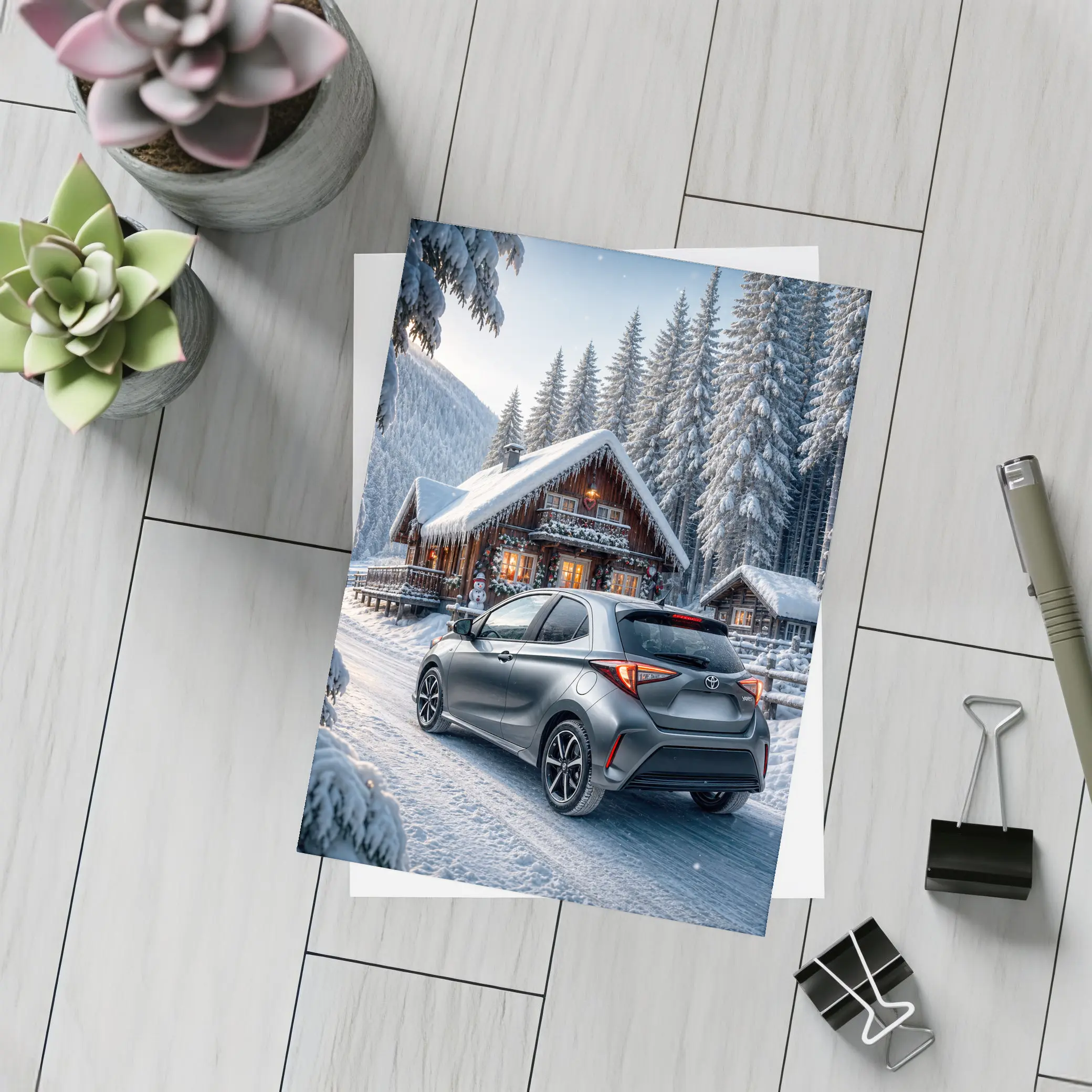 Toyota Yaris Gray Hatchback Snowy Forest Cabin – Postcards