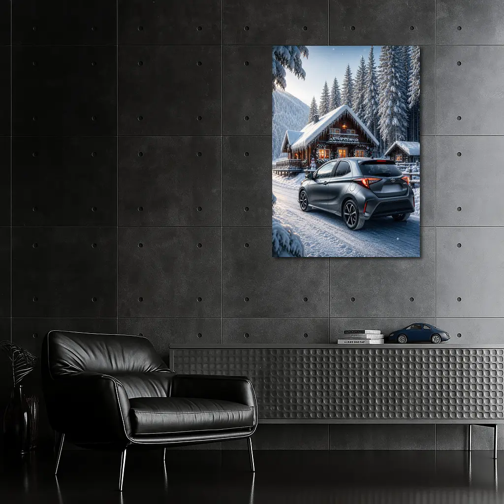 Toyota Yaris Gray Hatchback Snowy Forest Cabin – Wall Art