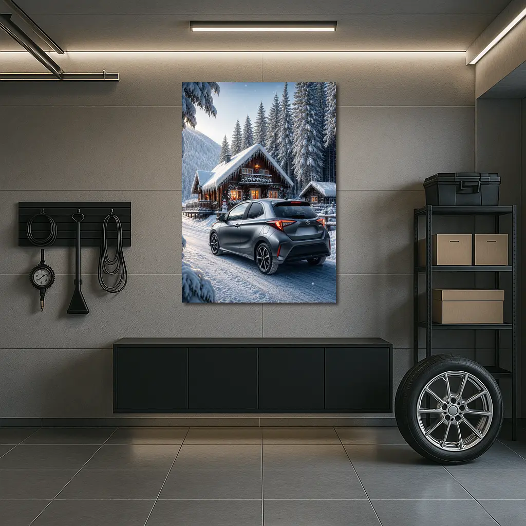 Toyota Yaris Gray Hatchback Snowy Forest Cabin – Wall Art