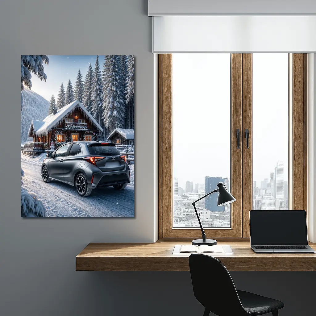 Toyota Yaris Gray Hatchback Snowy Forest Cabin – Wall Art