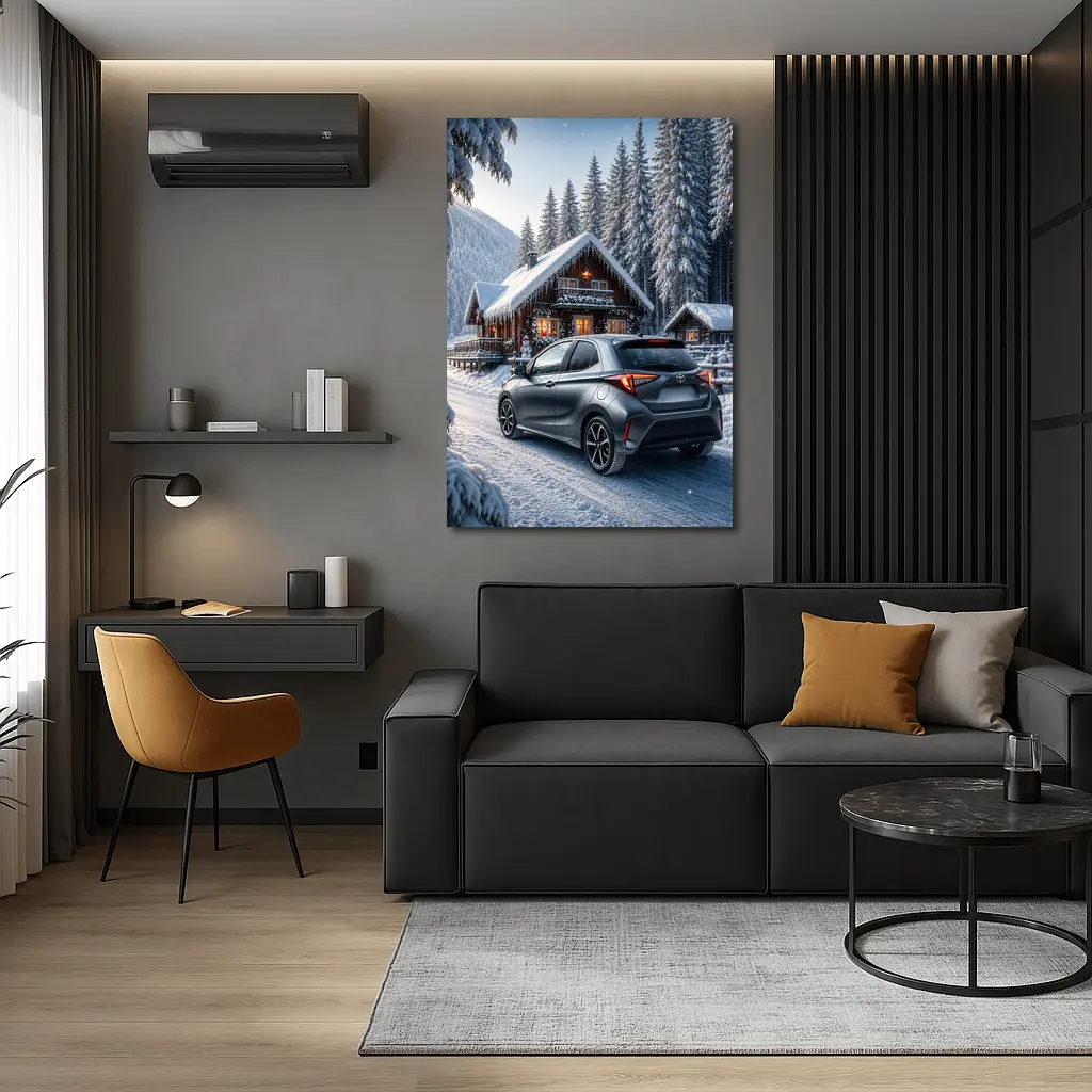 Toyota Yaris Gray Hatchback Snowy Forest Cabin – Wall Art