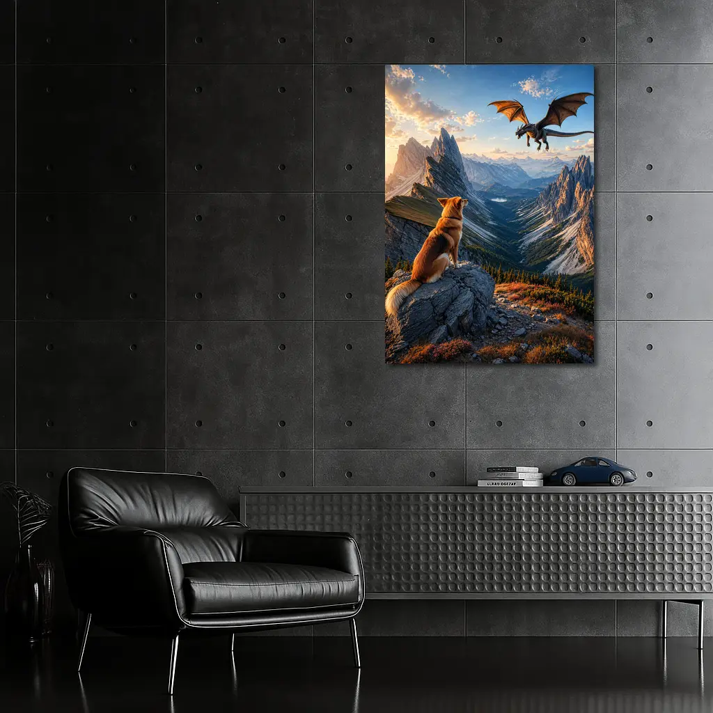 Corgi Dog Watching Dragon Over Mountain Peaks – Wall Art