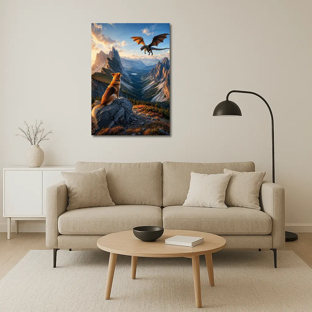 Corgi Dog Watching Dragon Over Mountain Peaks – Wall Art