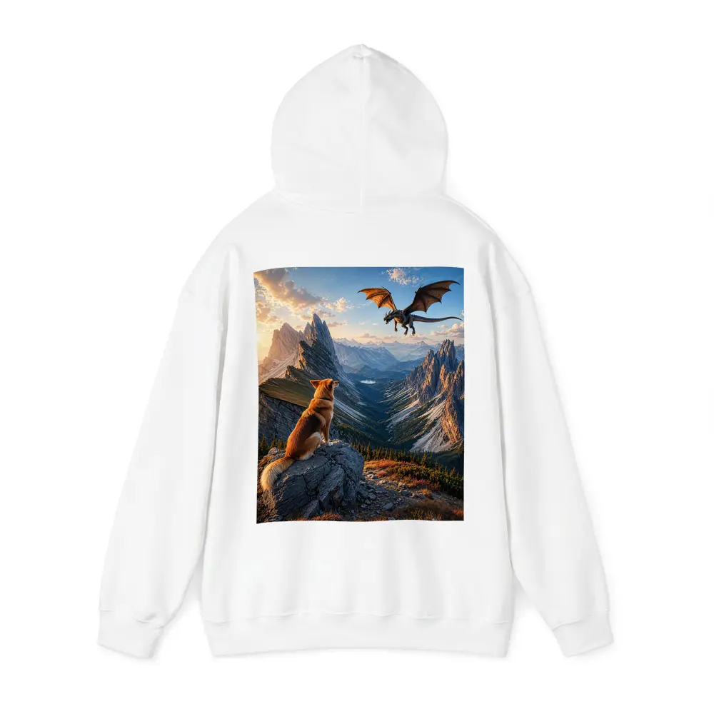 Corgi Dog Watching Dragon Over Mountain Peaks – Hoodies
