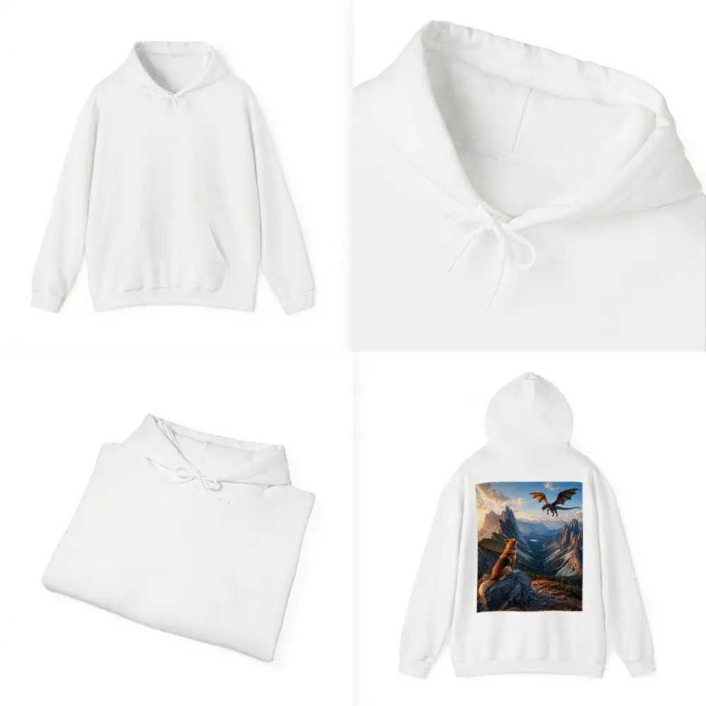 Corgi Dog Watching Dragon Over Mountain Peaks – Hoodies