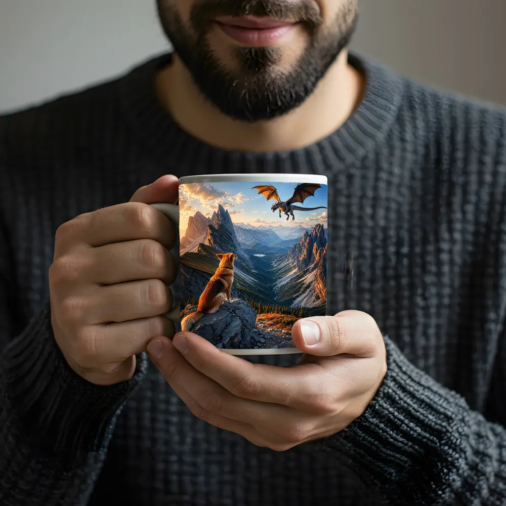 Corgi Dog Watching Dragon Over Mountain Peaks – Mugs