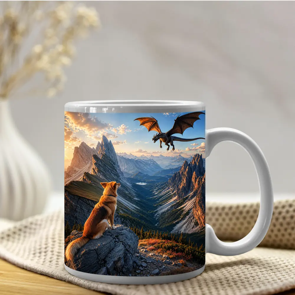 Corgi Dog Watching Dragon Over Mountain Peaks – Mugs