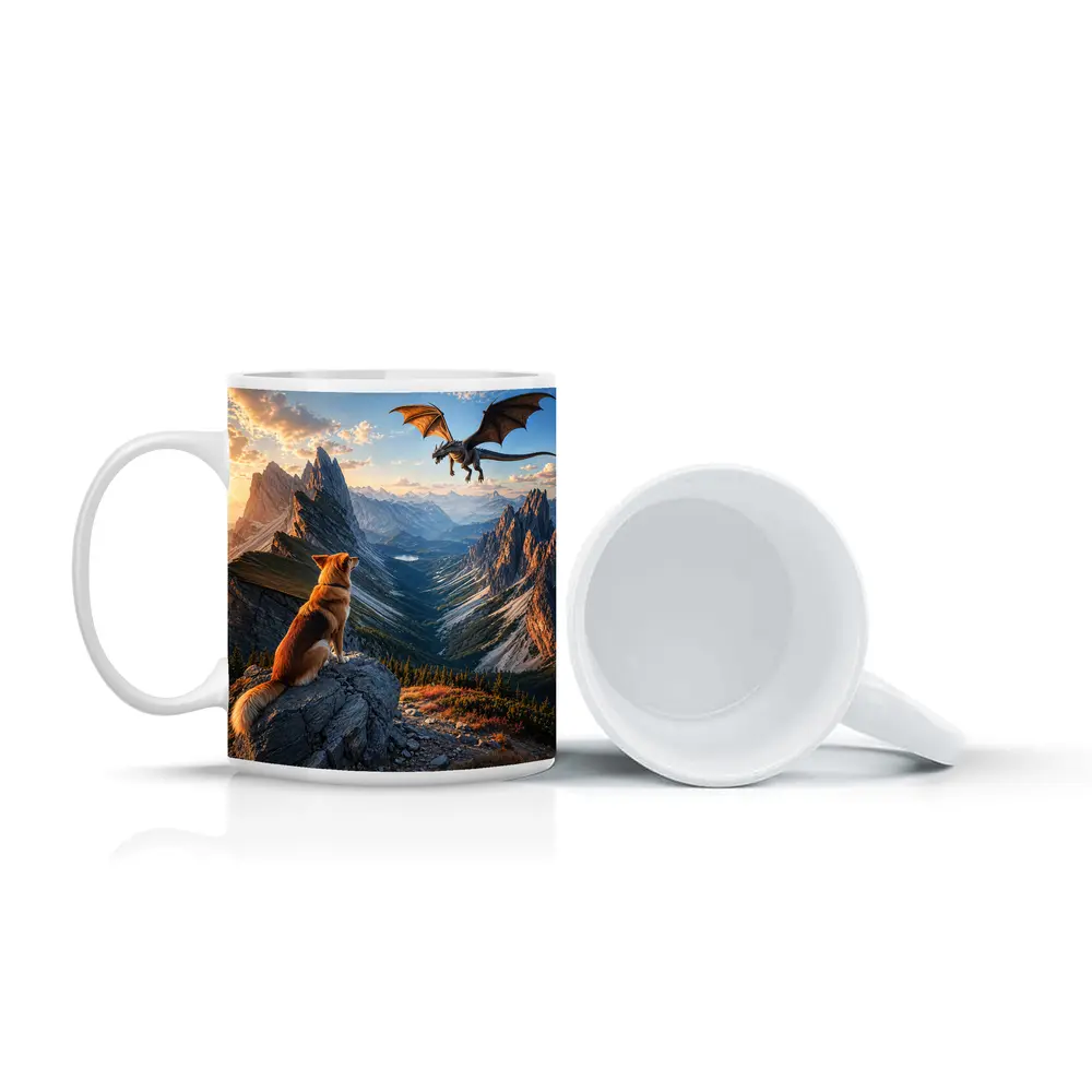 Corgi Dog Watching Dragon Over Mountain Peaks – Mugs