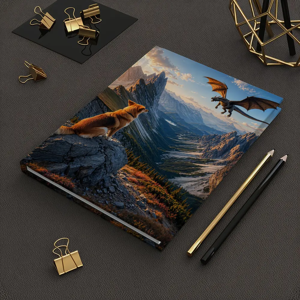 Corgi Dog Watching Dragon Over Mountain Peaks – Notebooks
