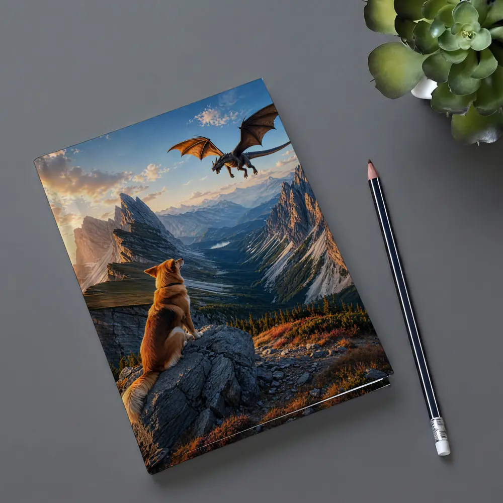 Corgi Dog Watching Dragon Over Mountain Peaks – Notebooks