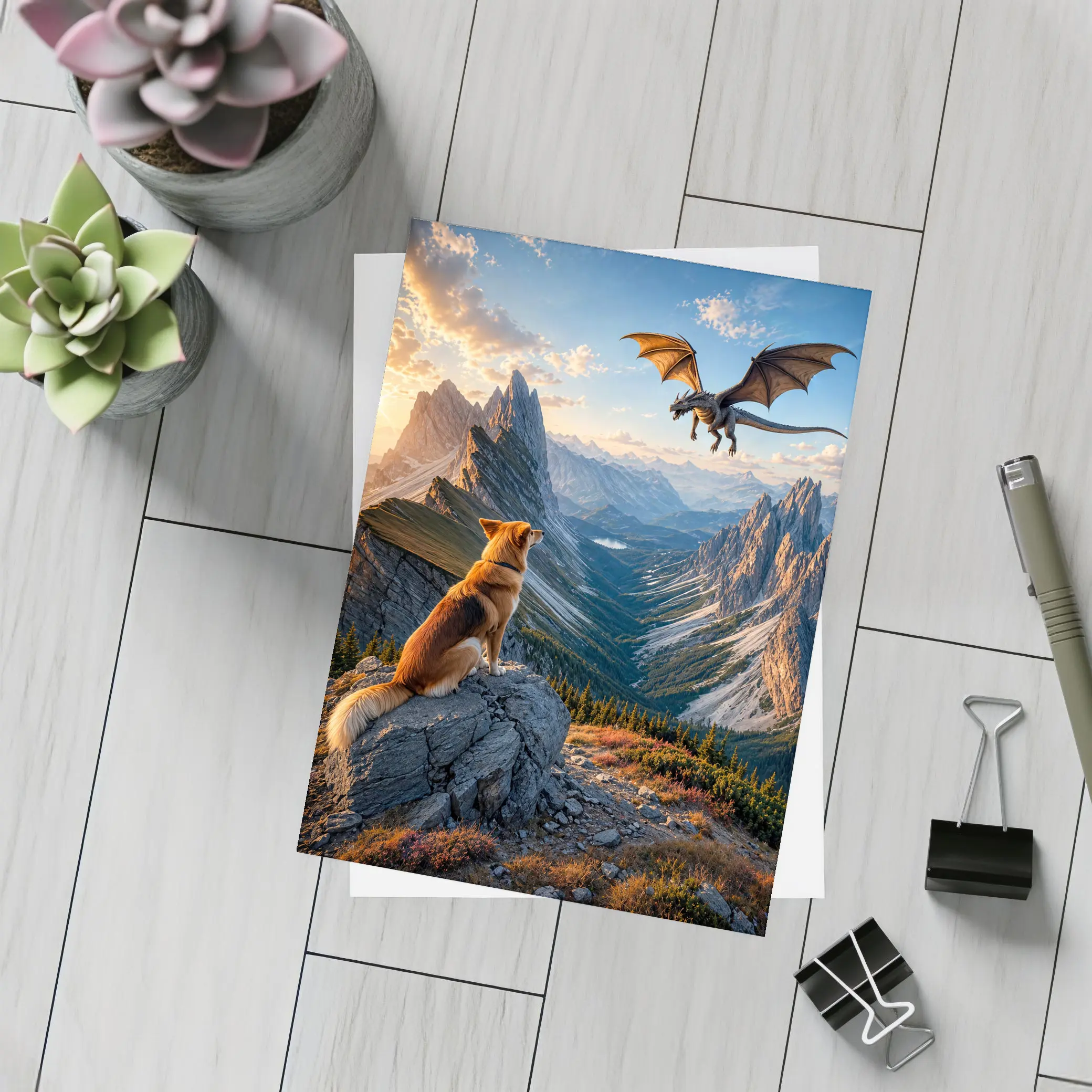 Corgi Dog Watching Dragon Over Mountain Peaks – Postcards