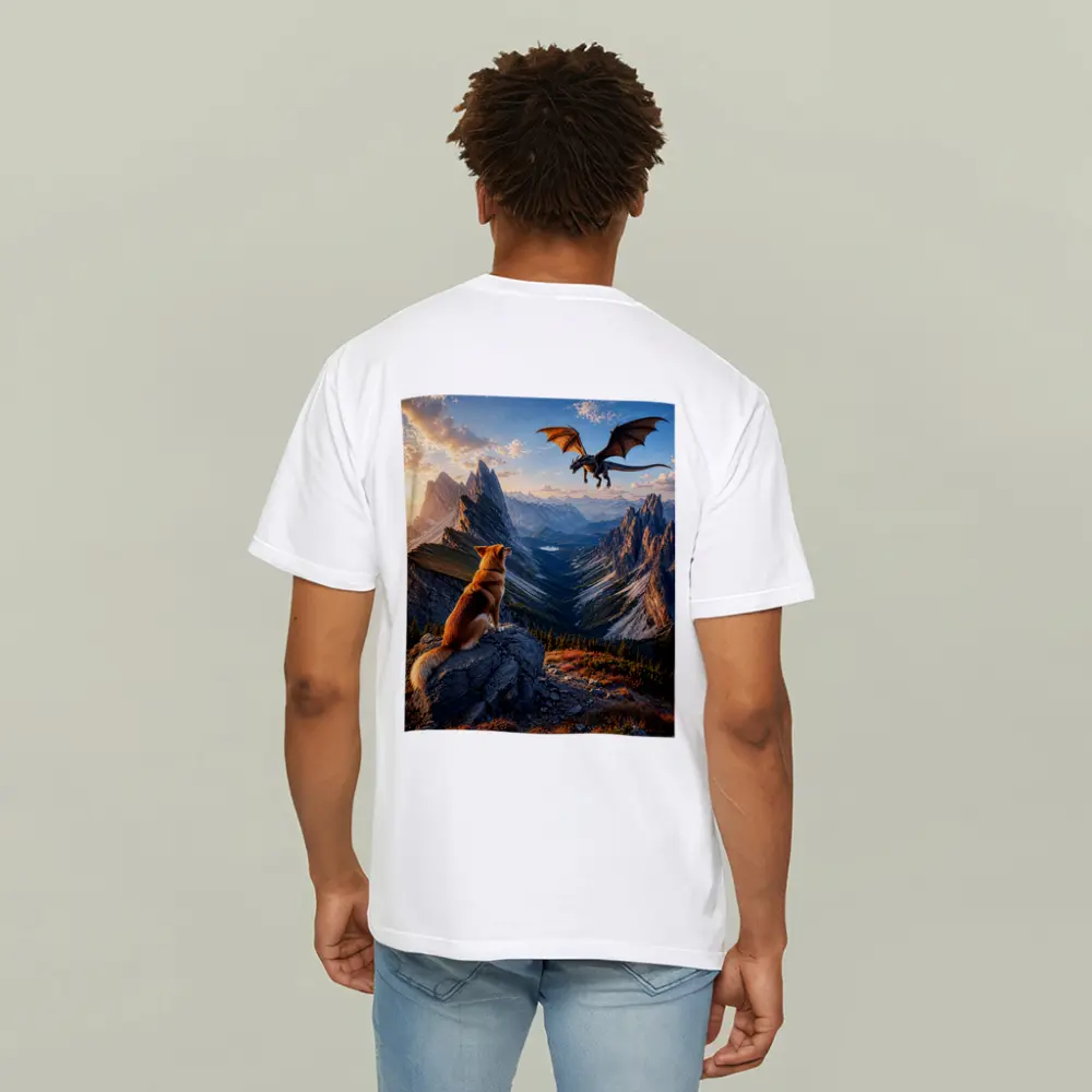 Corgi Dog Watching Dragon Over Mountain Peaks – T-Shirts