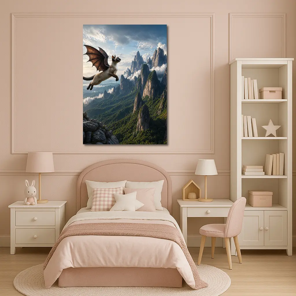 Siamese Cat Dragon Wings Flying Mountain Peaks – Wall Art
