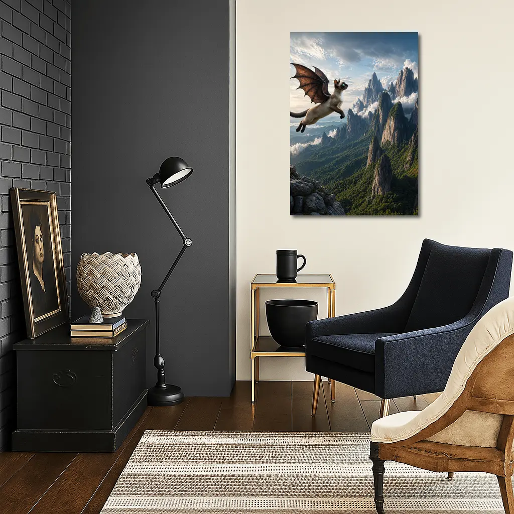 Siamese Cat Dragon Wings Flying Mountain Peaks – Wall Art