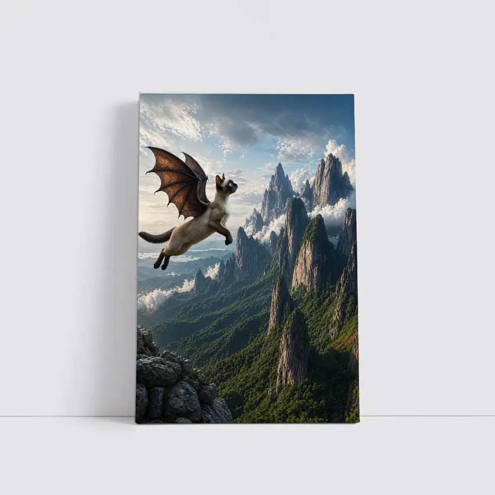 Siamese Cat Dragon Wings Flying Mountain Peaks – Wall Art
