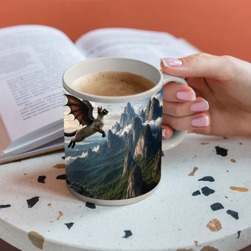 Siamese Cat Dragon Wings Flying Mountain Peaks – Mugs