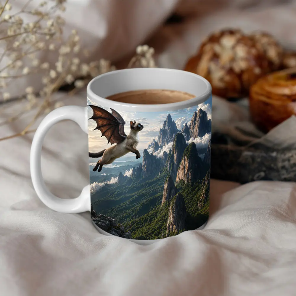 Siamese Cat Dragon Wings Flying Mountain Peaks – Mugs