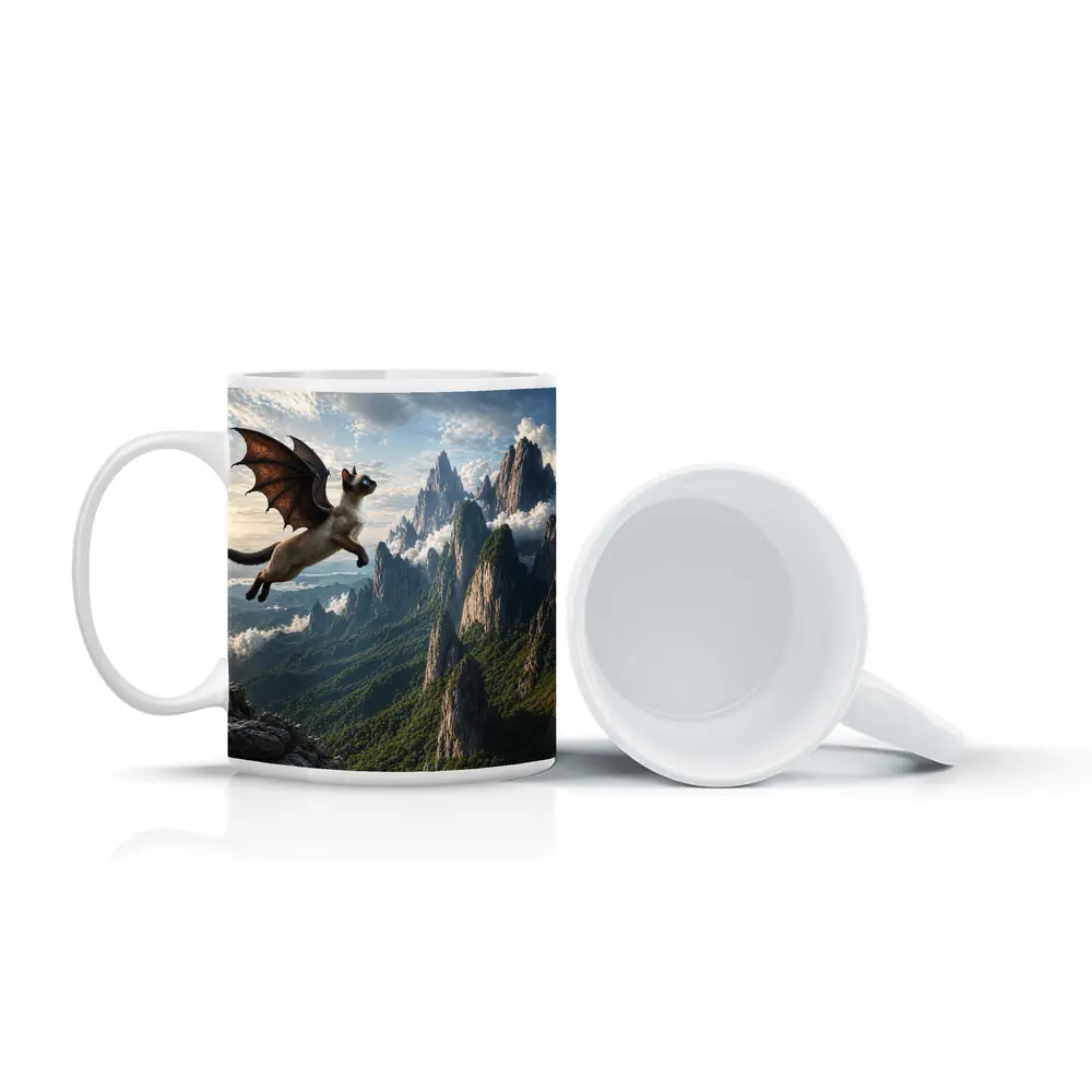 Siamese Cat Dragon Wings Flying Mountain Peaks – Mugs