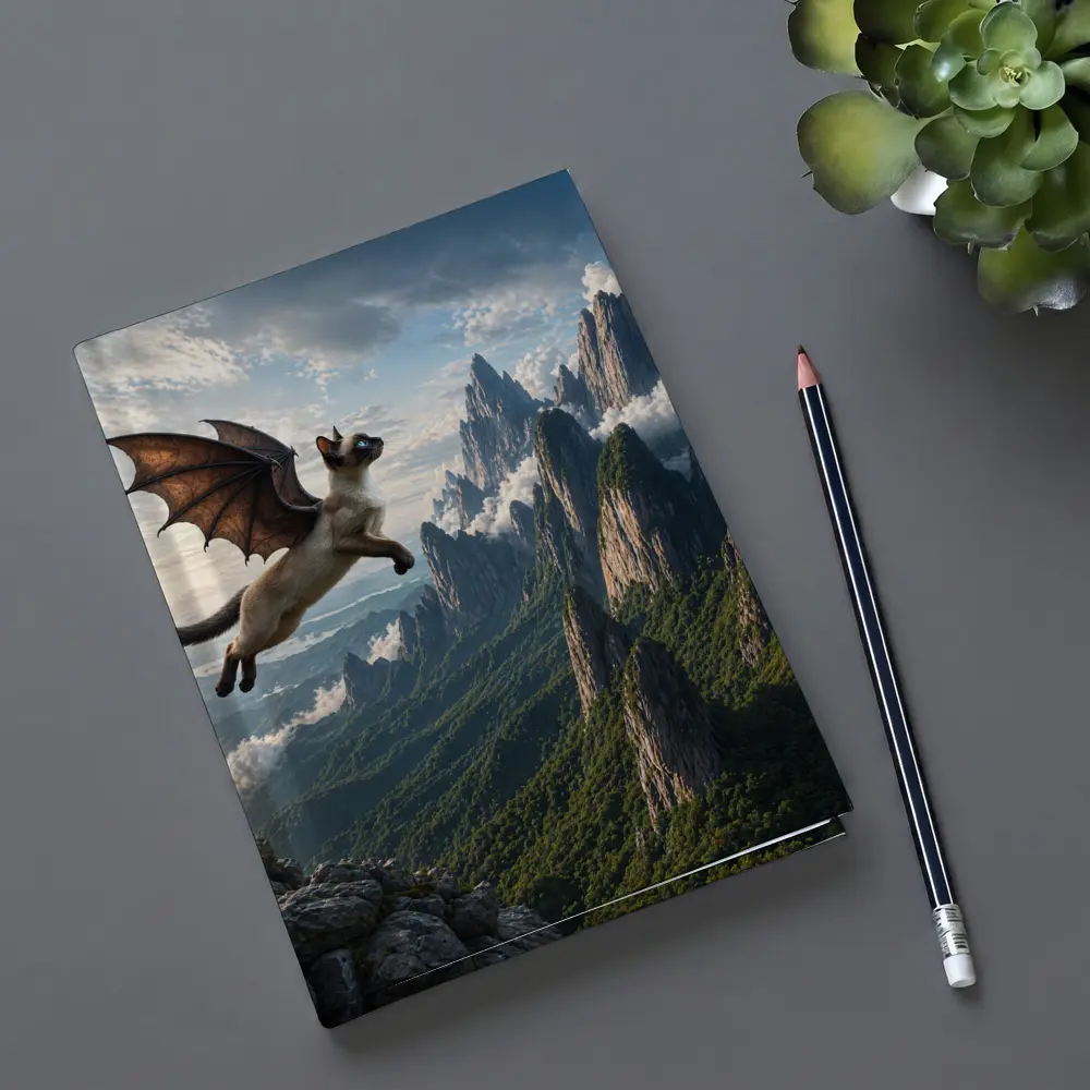 Siamese Cat Dragon Wings Flying Mountain Peaks – Notebooks