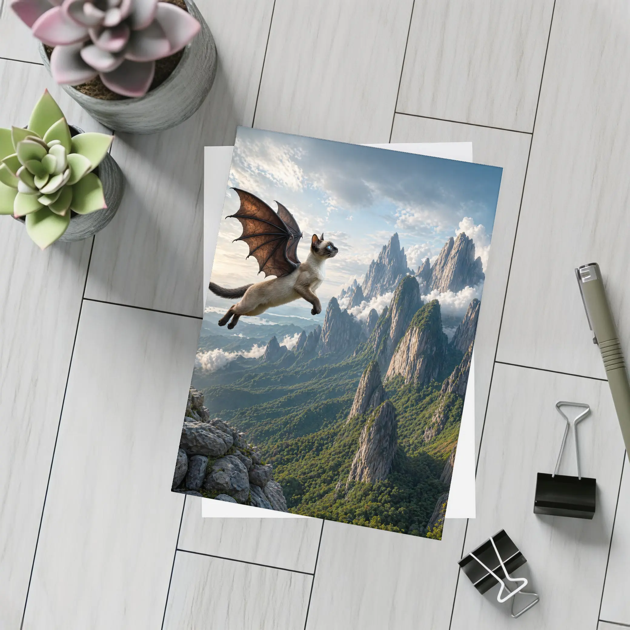 Siamese Cat Dragon Wings Flying Mountain Peaks – Postcards