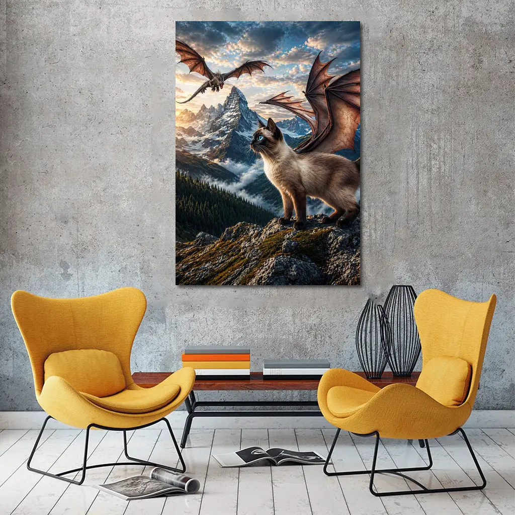 Siamese Cat Dragon Wings Mountain Sunset Fantasy – Wall Art