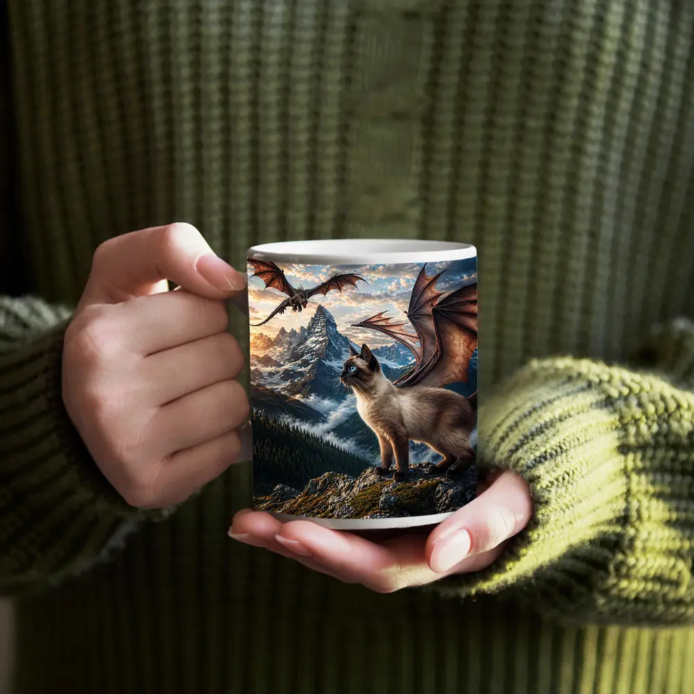 Siamese Cat Dragon Wings Mountain Sunset Fantasy – Mugs