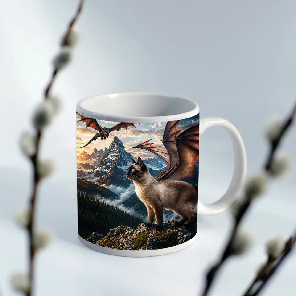 Siamese Cat Dragon Wings Mountain Sunset Fantasy – Mugs