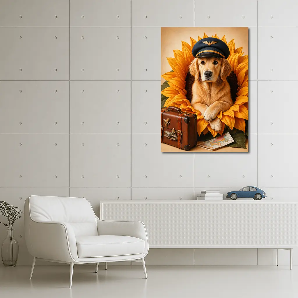 Golden Retriever Pilot Hat Sunflower Travel Adventure – Wall Art