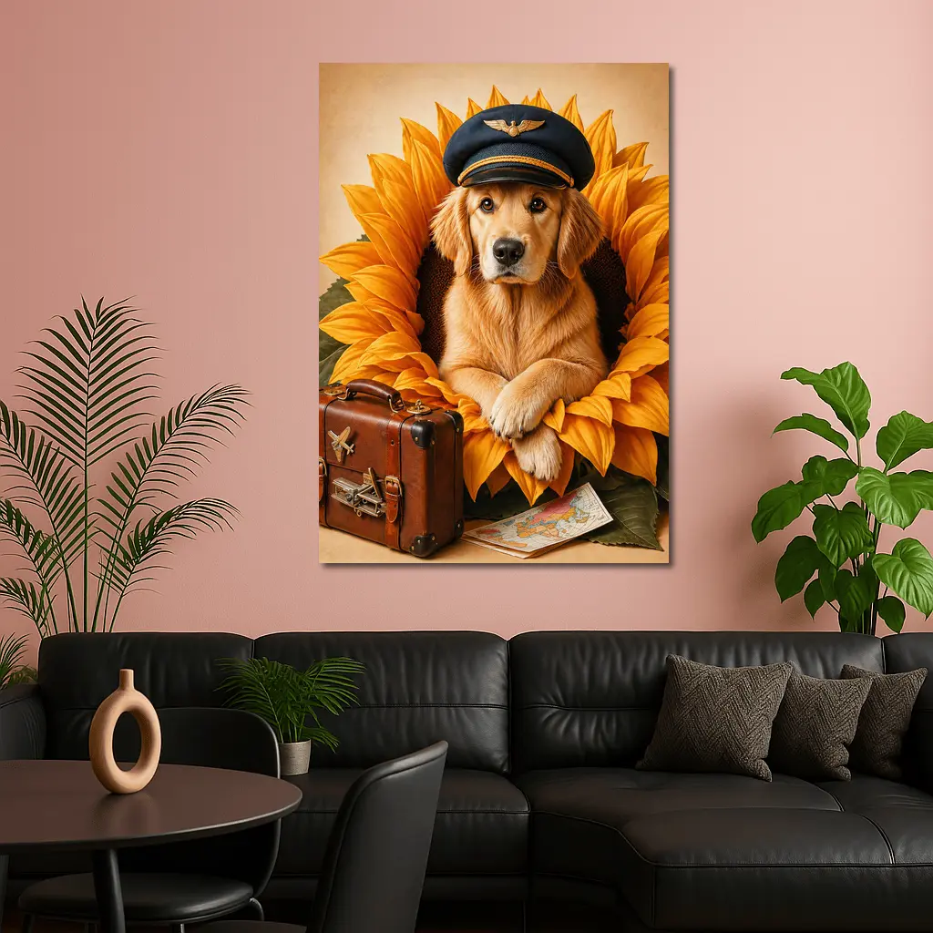 Golden Retriever Pilot Hat Sunflower Travel Adventure – Wall Art
