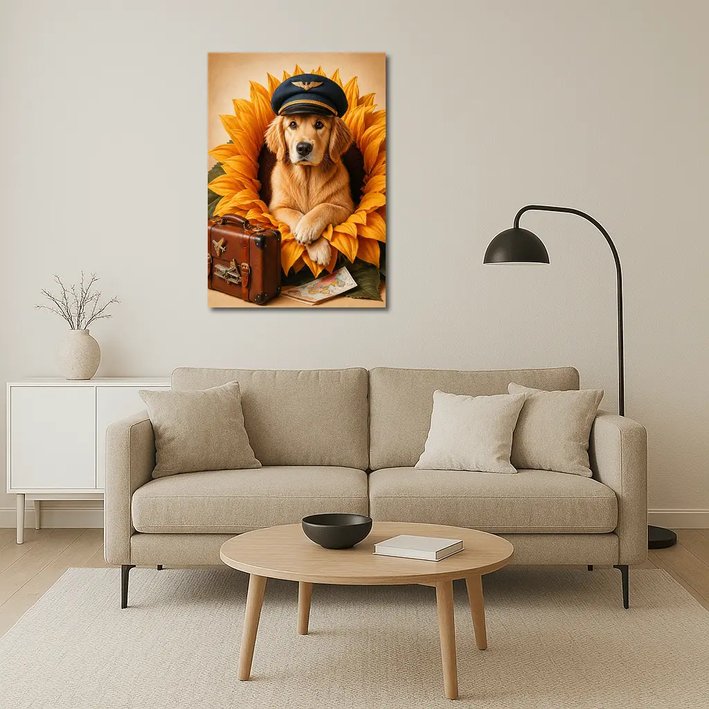 Golden Retriever Pilot Hat Sunflower Travel Adventure – Wall Art