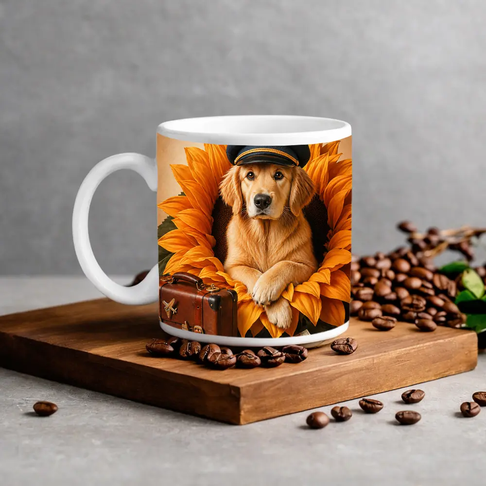 Golden Retriever Pilot Hat Sunflower Travel Adventure – Mugs