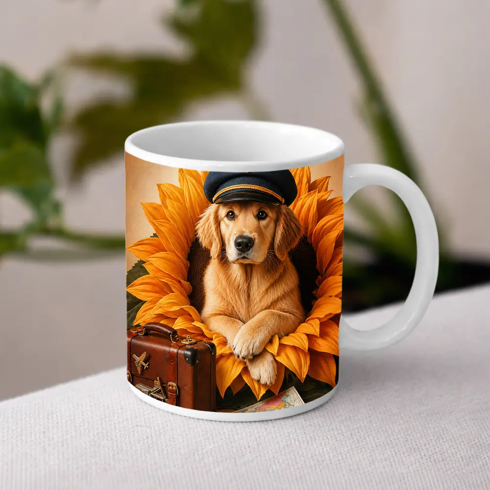 Golden Retriever Pilot Hat Sunflower Travel Adventure – Mugs