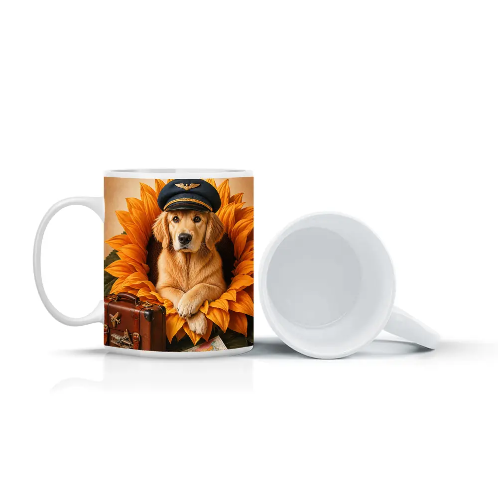 Golden Retriever Pilot Hat Sunflower Travel Adventure – Mugs