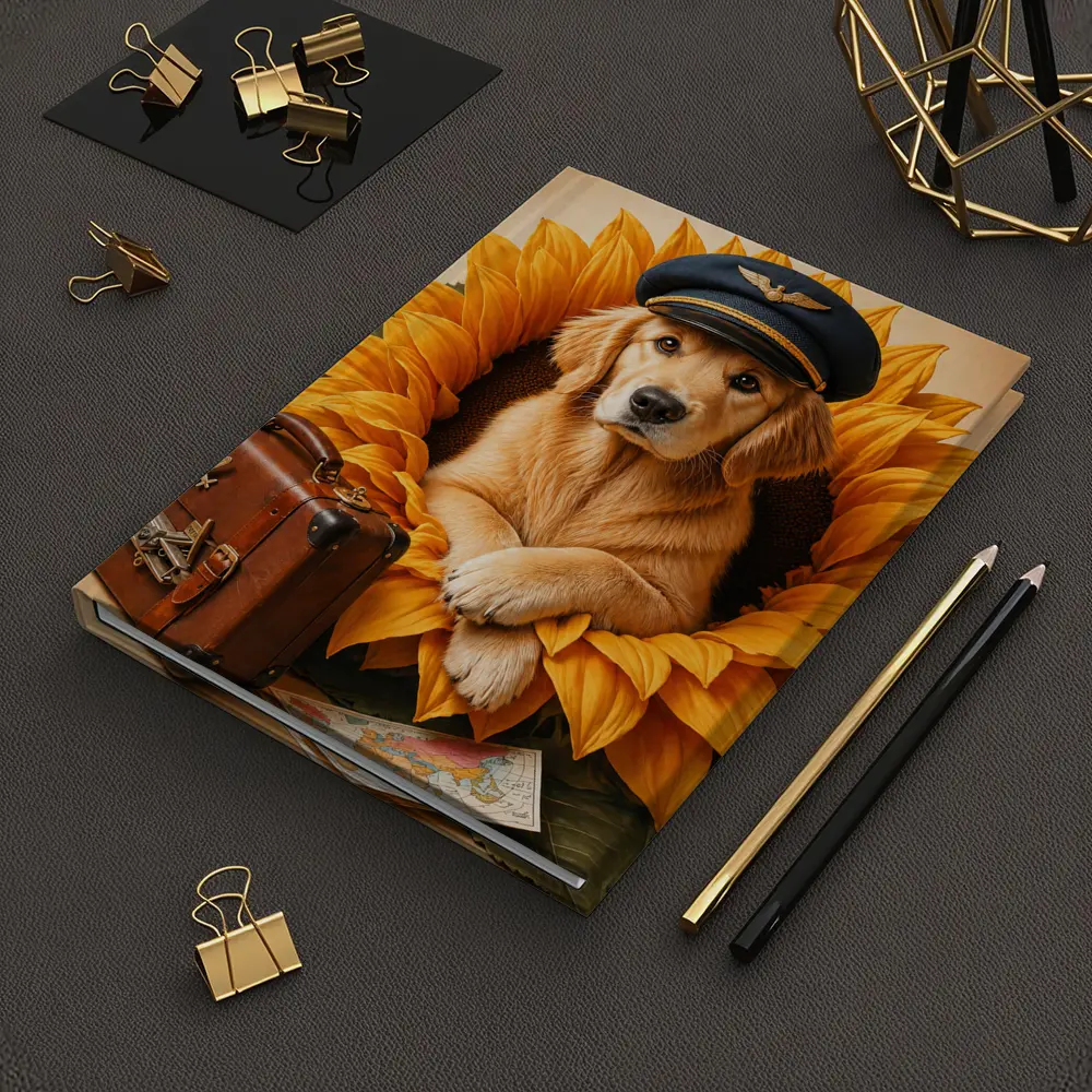 Golden Retriever Pilot Hat Sunflower Travel Adventure – Notebooks