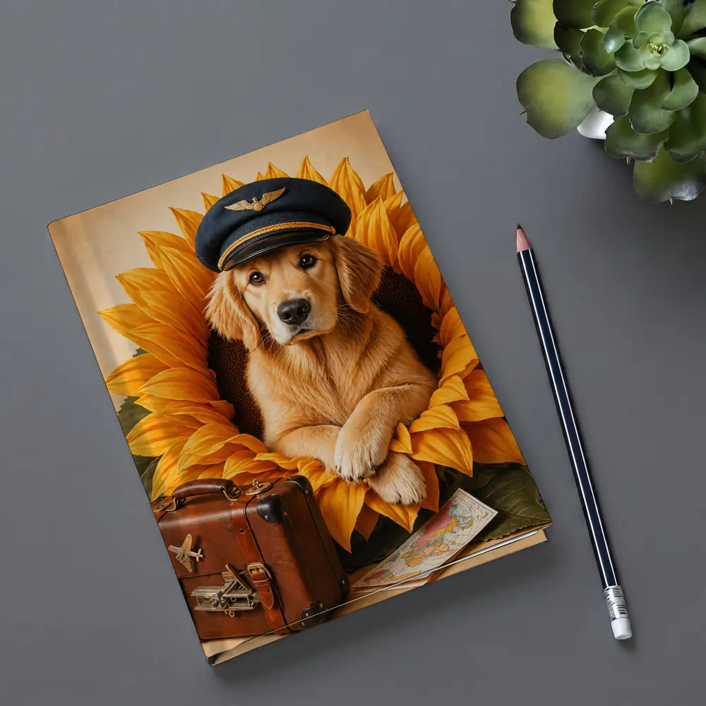 Golden Retriever Pilot Hat Sunflower Travel Adventure – Notebooks