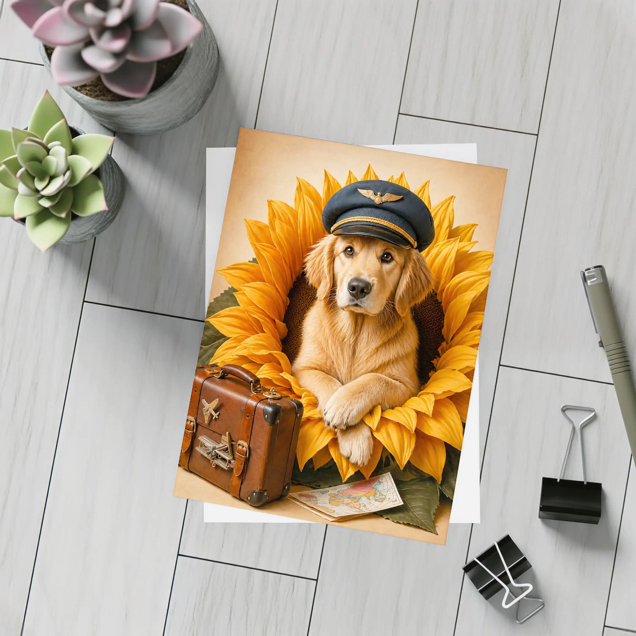 Golden Retriever Pilot Hat Sunflower Travel Adventure – Postcards