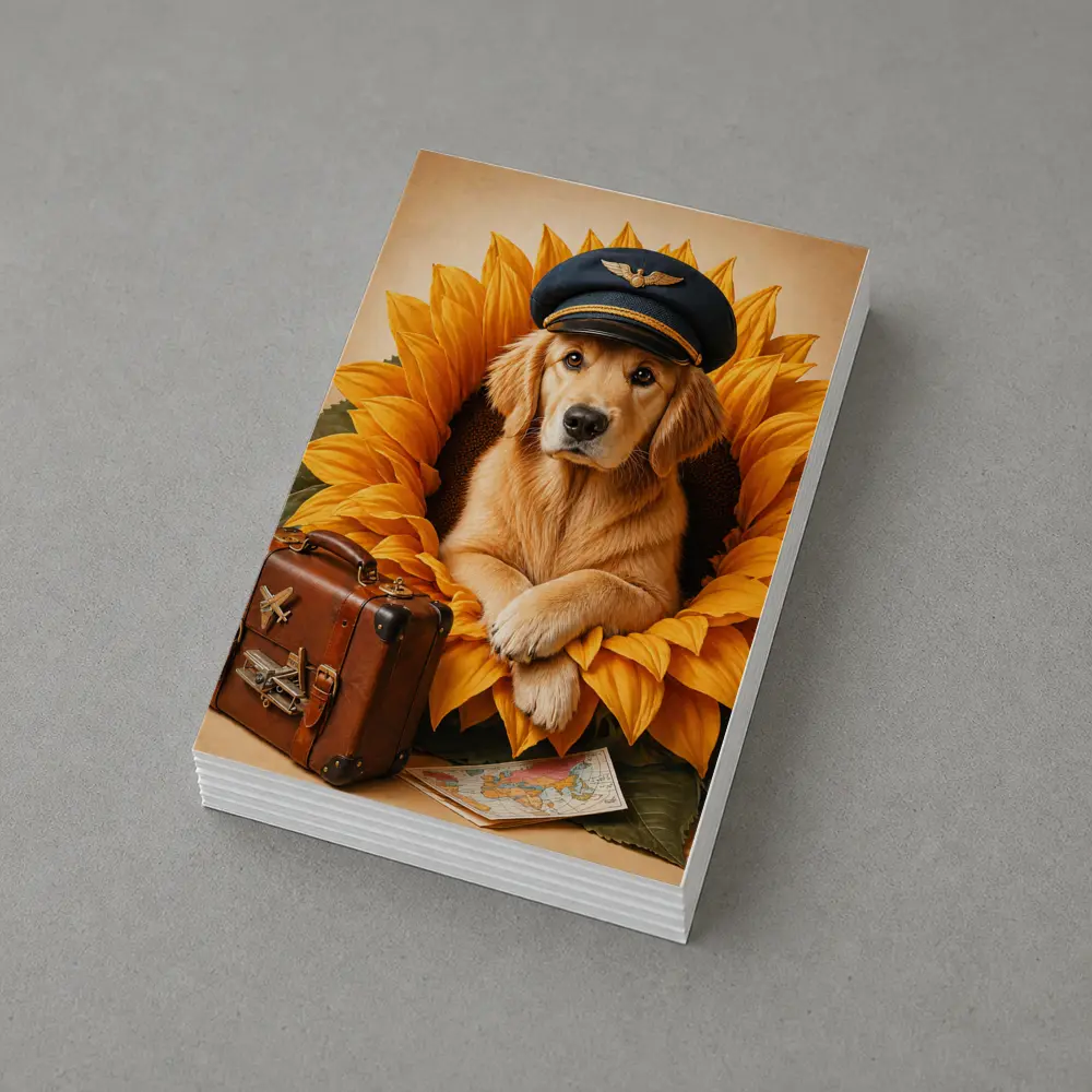 Golden Retriever Pilot Hat Sunflower Travel Adventure – Postcards