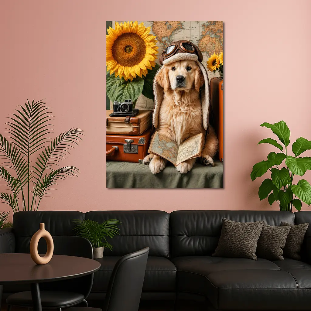 Golden Retriever Traveler With Sunflowers And Map – Wall Art
