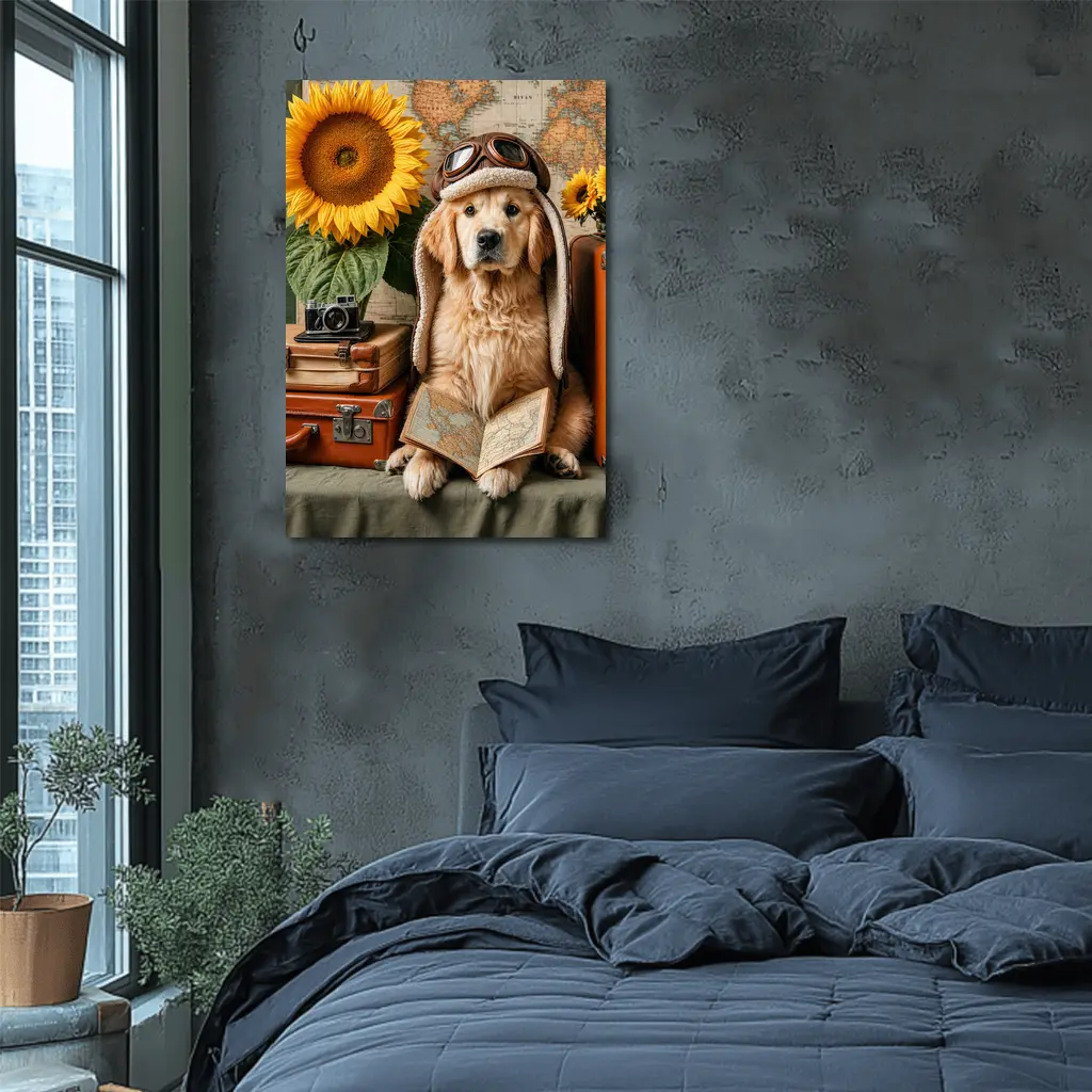 Golden Retriever Traveler With Sunflowers And Map – Wall Art