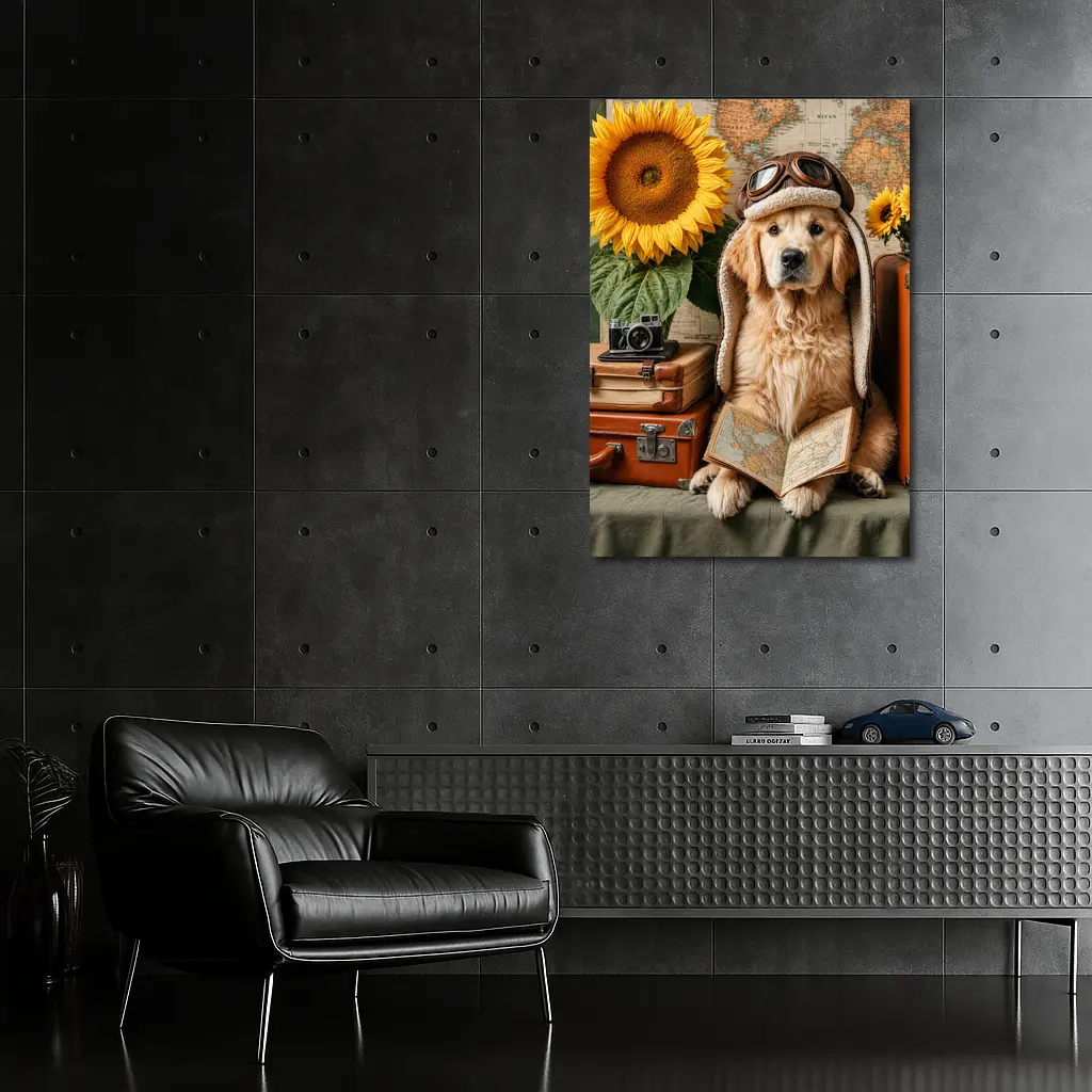Golden Retriever Traveler With Sunflowers And Map – Wall Art