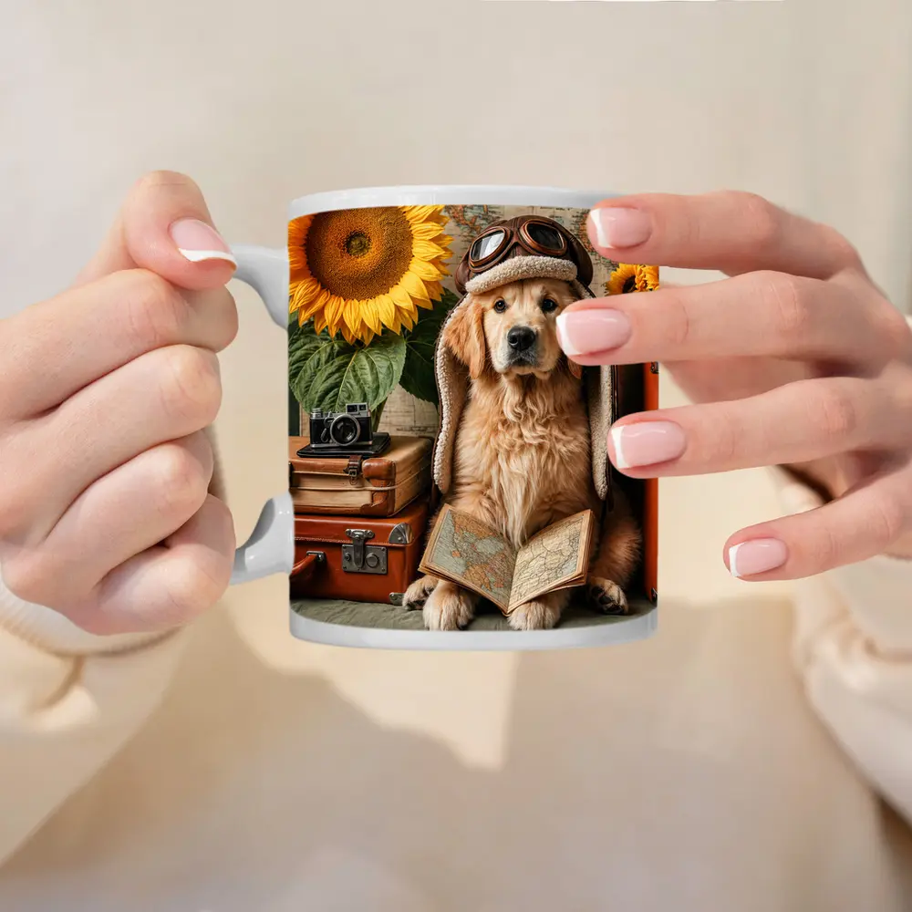 Golden Retriever Traveler With Sunflowers And Map – Mugs