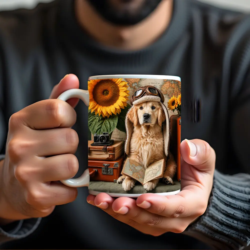 Golden Retriever Traveler With Sunflowers And Map – Mugs
