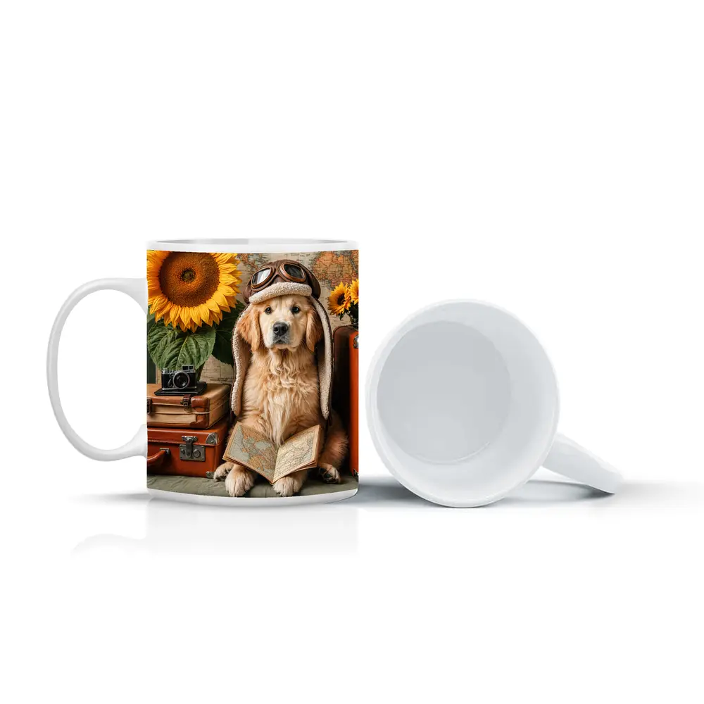 Golden Retriever Traveler With Sunflowers And Map – Mugs