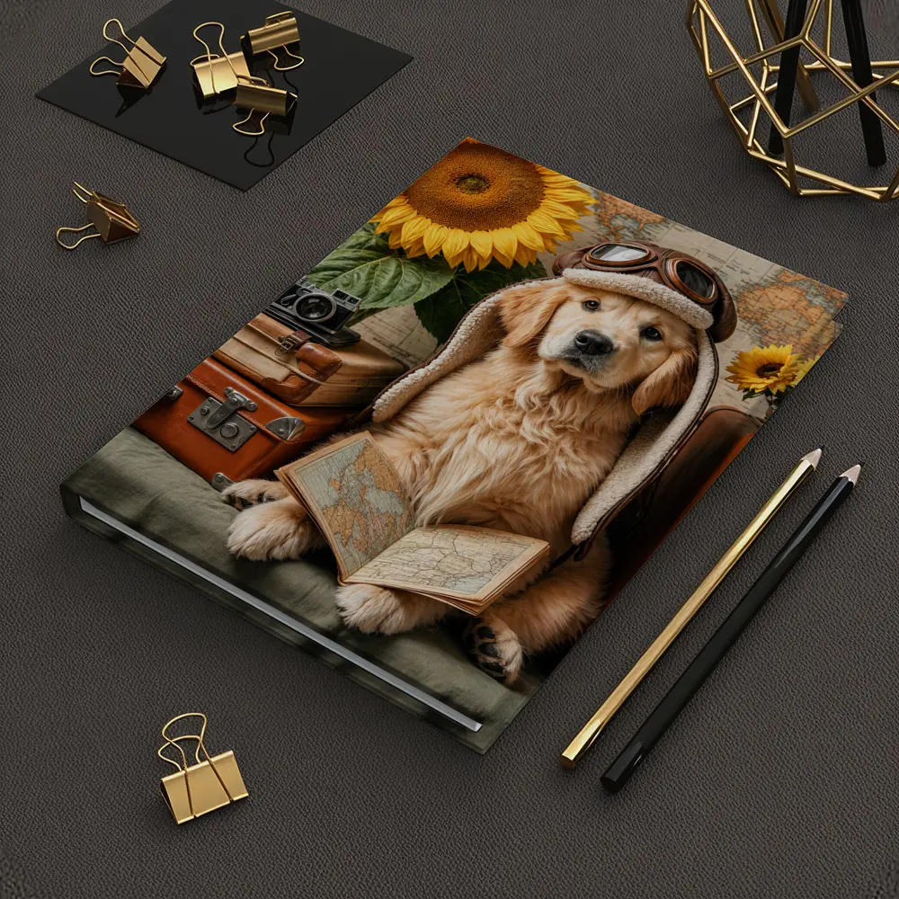 Golden Retriever Traveler With Sunflowers And Map – Notebooks