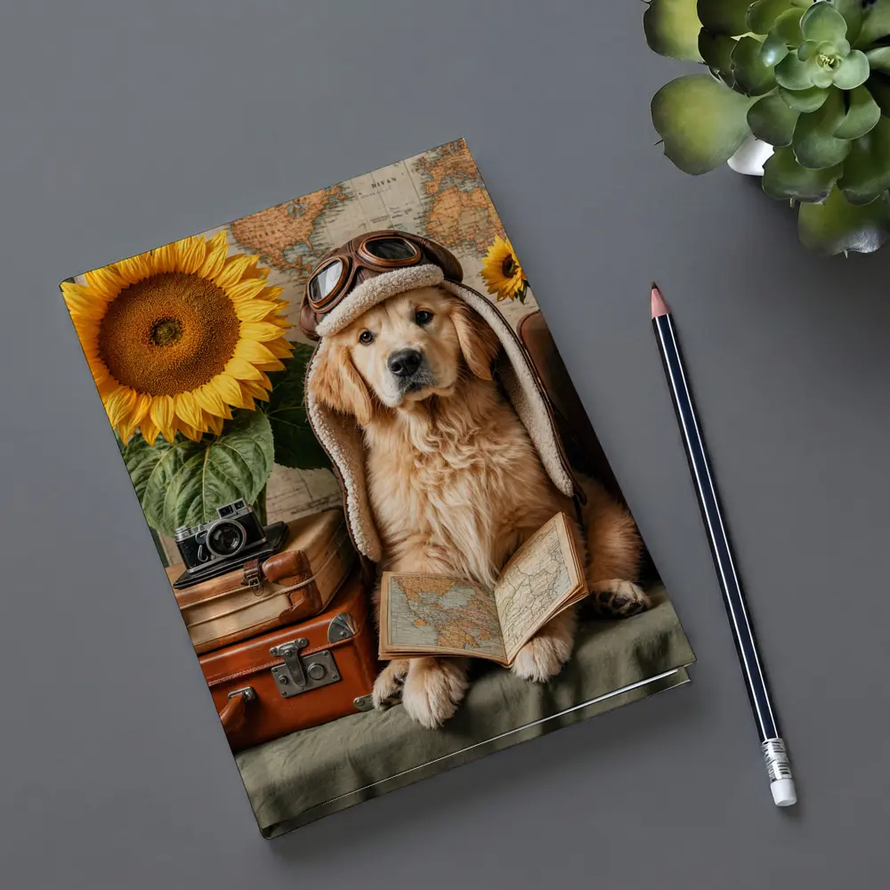 Golden Retriever Traveler With Sunflowers And Map – Notebooks