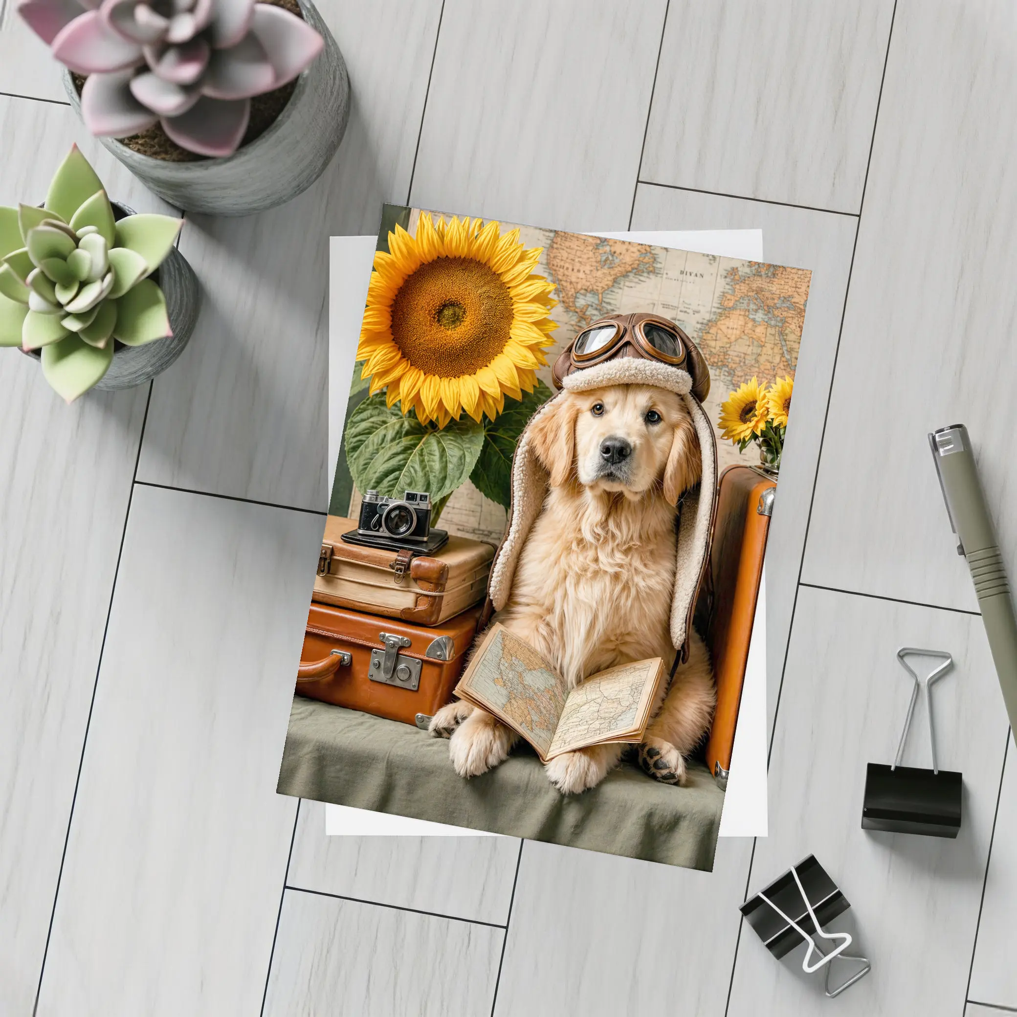 Golden Retriever Traveler With Sunflowers And Map – Postcards