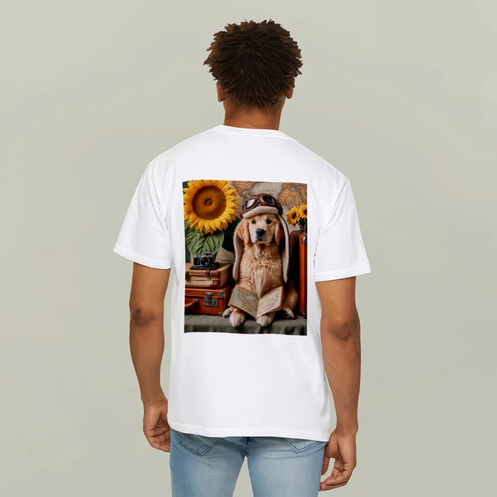Golden Retriever Traveler With Sunflowers And Map – T-Shirts