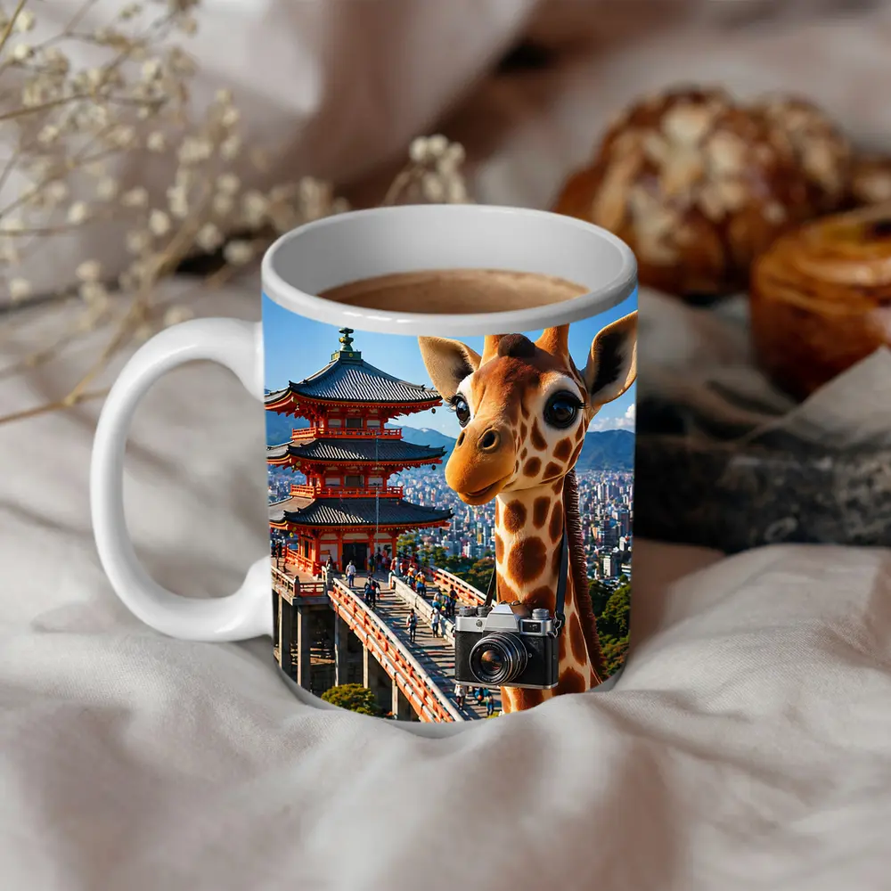 Giraffe Tourist With Camera Kyoto Japan – Mugs